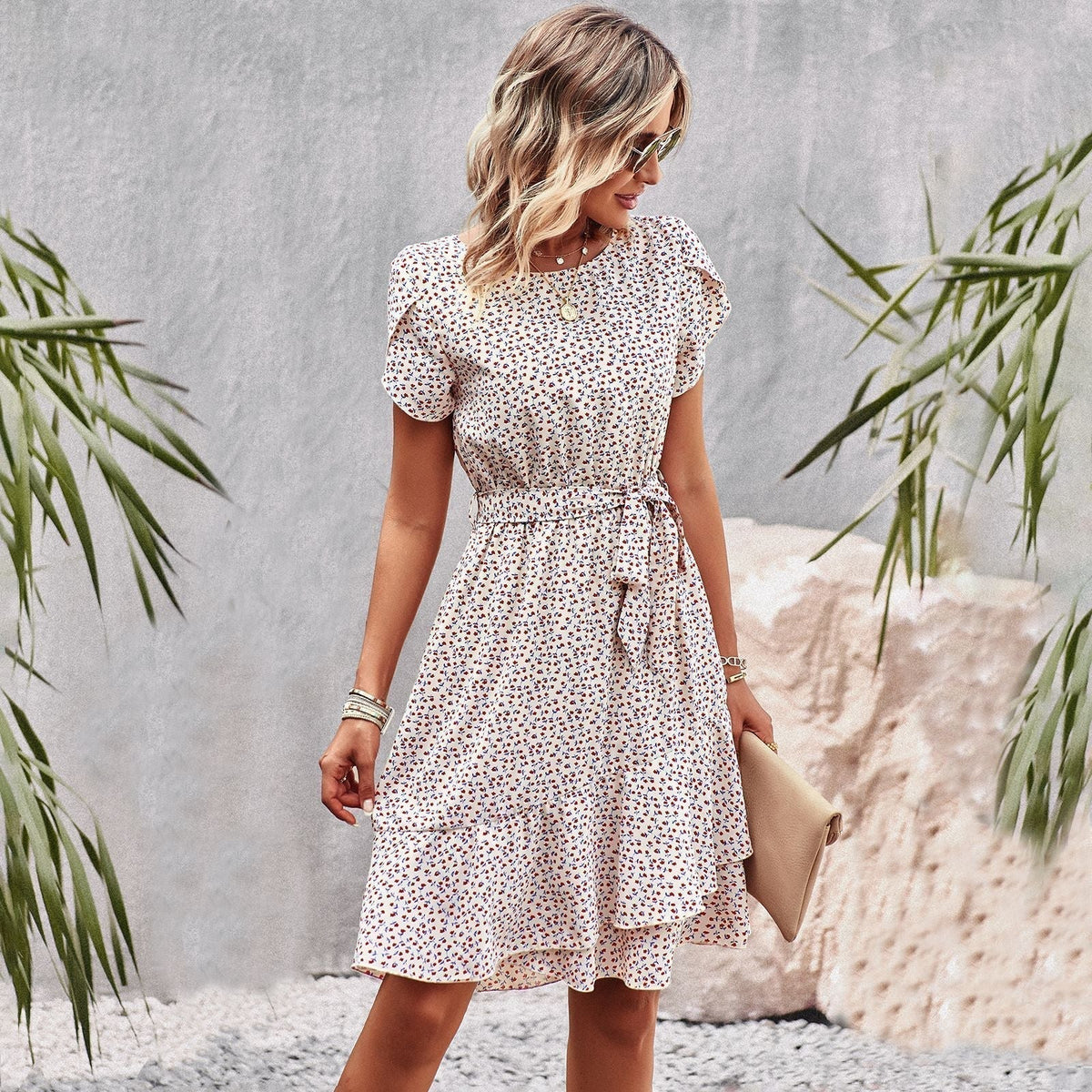 Variant image for Elegant Floral Print Women's Summer Dress with Belt, Lightweight and Comfortable for Casual Outings and Garden Parties-1