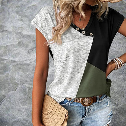 Casual V-Neck Women's T-Shirt with Contrast Color Design, Short Sleeve Cotton Blend Tee for Spring and Summer-1
