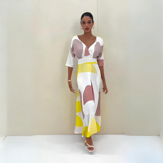 Elegant Long Summer Dress with Playful Neckline and Three-Quarter Sleeves - Lightweight Women���s Dress for Casual and Special Occasions-1