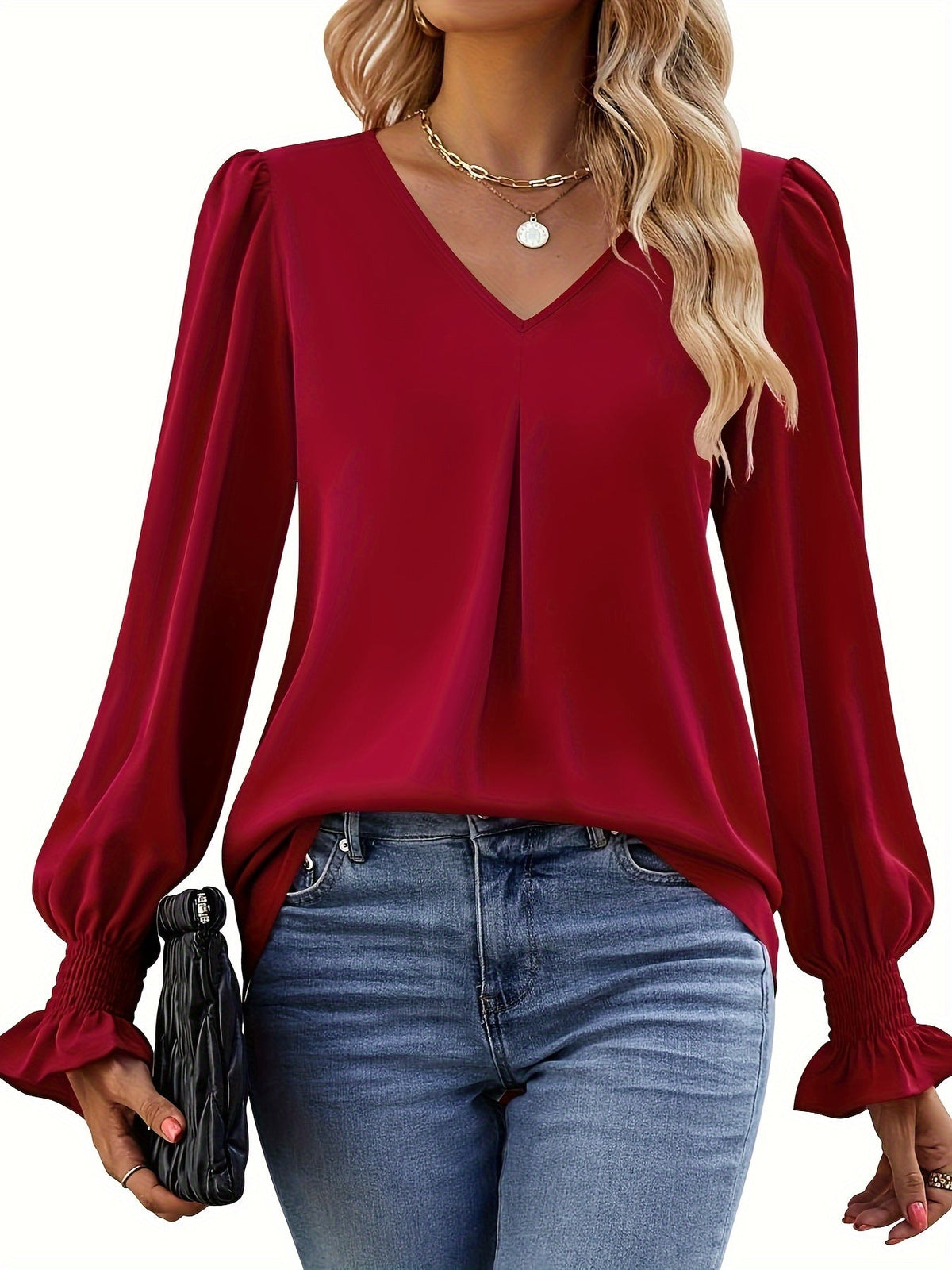 Variant image for Elegant Women's Blouse in Solid Color, Lightweight Polyester V-Neck Top for Spring and Autumn Styling-26