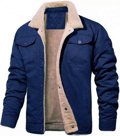 Warm Sturdy Men's Jacket - Trucker Cut, Sherpa Lined Cotton Canvas, For Fall And Winter