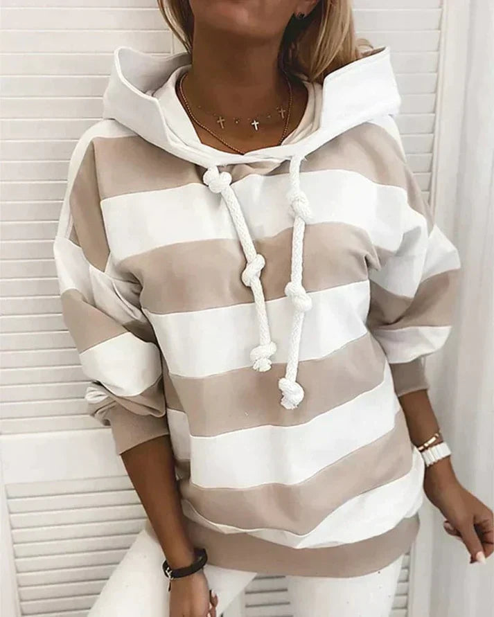 Plush Women’s Hooded Pullover - Striped Relaxed Cotton, Casual