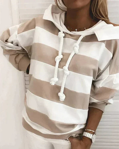 Plush Women’s Hooded Pullover - Striped Relaxed Cotton, Casual