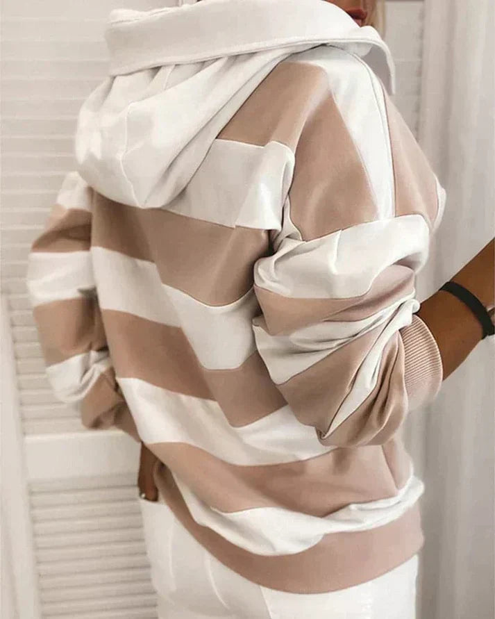 Plush Women’s Hooded Pullover - Striped Relaxed Cotton, Casual
