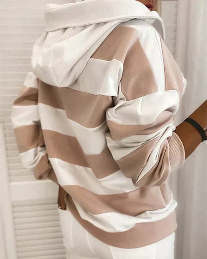 Plush Women’s Hooded Pullover - Striped Relaxed Cotton, Casual