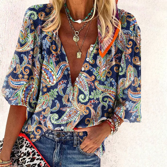 Vintage Ethnic Print Summer Top for Women, V-Neck Half Sleeve Blouse, Cotton-Polyester Blend-1