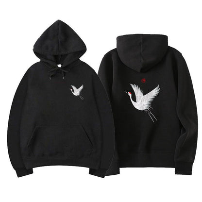 relaxed Oversized hoodie - embroidered crane, cotton blend