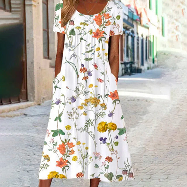 Variant image for Elegant Floral Print Summer Dress, Short Sleeves, Round Neckline, Comfortable Cotton-Polyester Blend, Calf Length-1