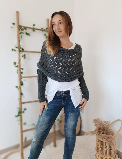 Plush Women’s Scarf - Openwork Rectangular, Knit, For Winter
