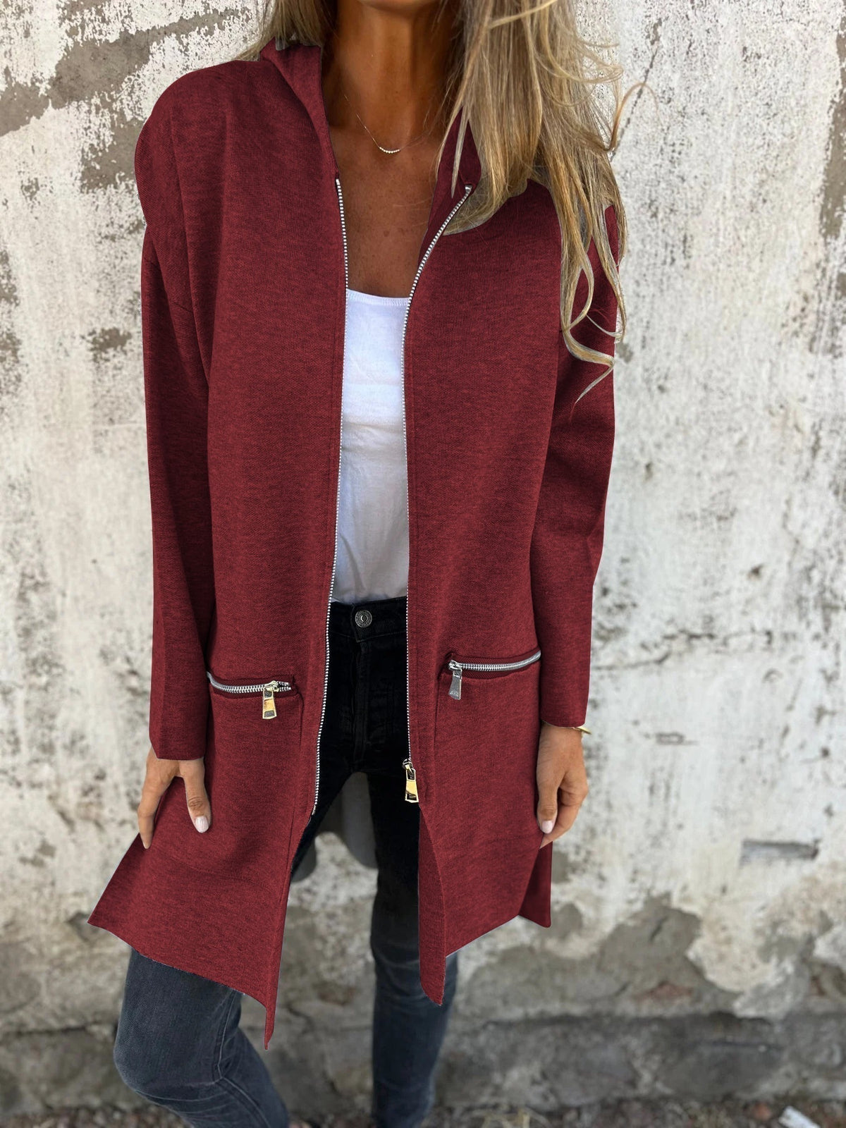 Light Womens Long Hoodie - Fitted Zip Cotton Layering