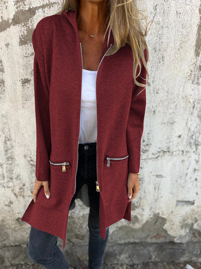 Light Womens Long Hoodie - Fitted Zip Cotton Layering
