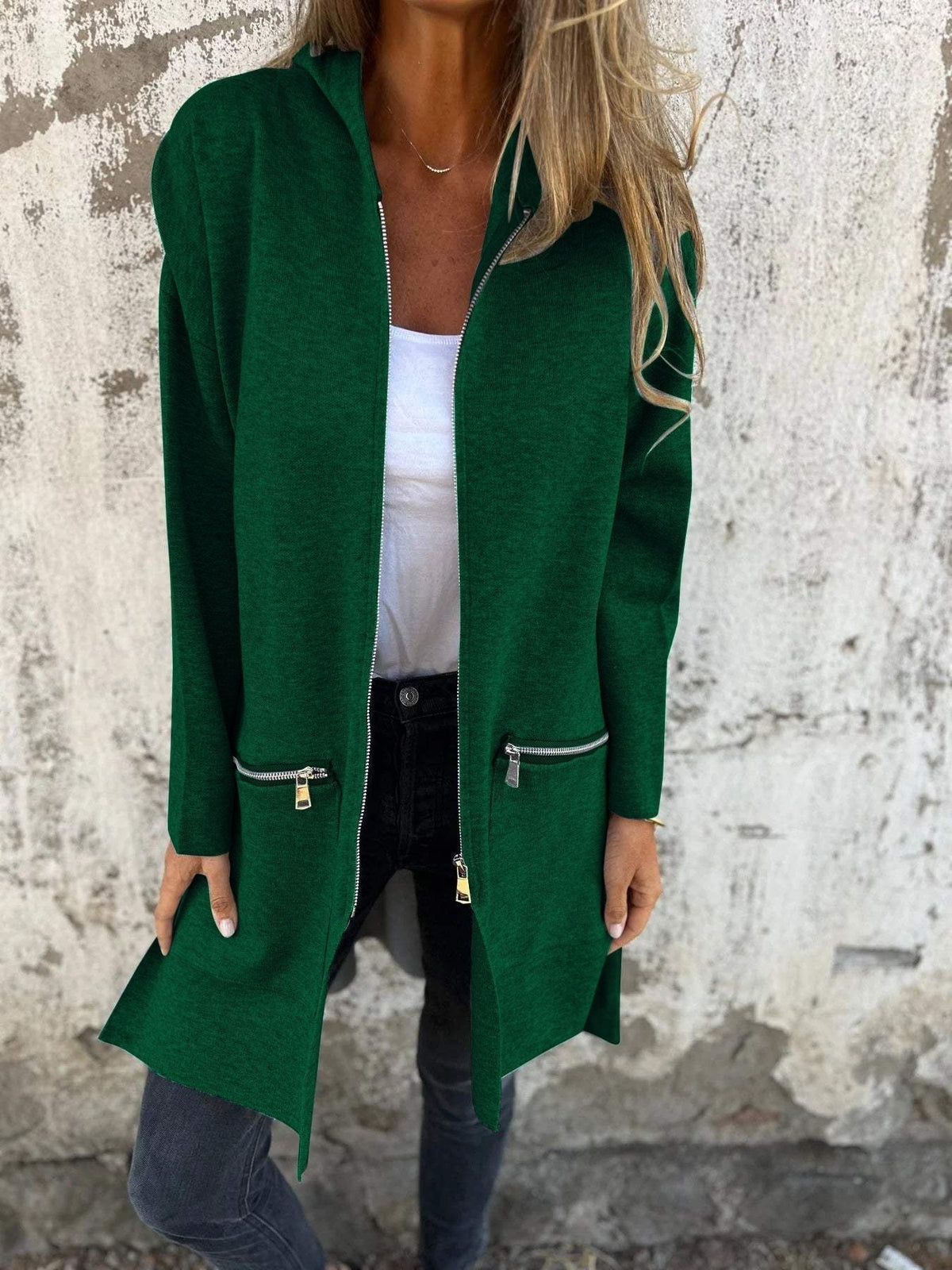 Light Womens Long Hoodie - Fitted Zip Cotton Layering