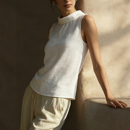 women's Breathable sleeveless shirt - structured stand-collar, linen, office-to-dinner