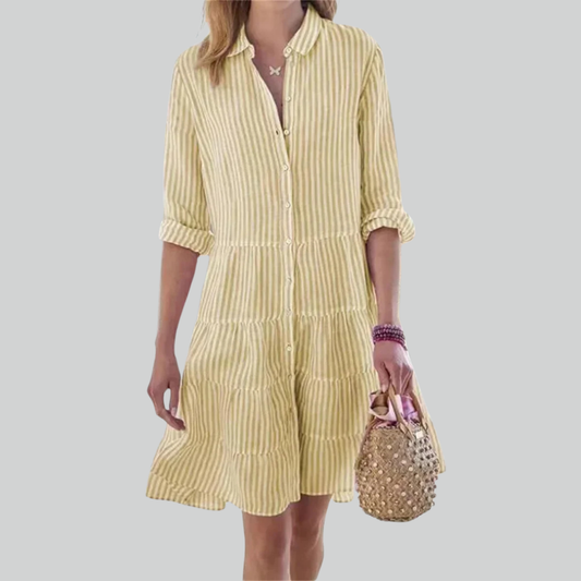 Striped Women Print Long Sleeve Mini Dress, Commuter Lapel A-Line Shirt Dress