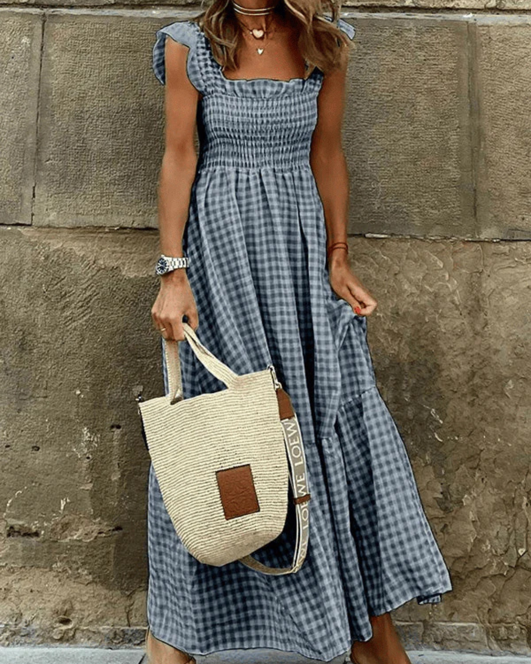 Variant image for Maxi Summer Dress for Women with Elastic Top and Retro Caroma Pattern, Breathable Cotton, Perfect for Beach and City Outings-1