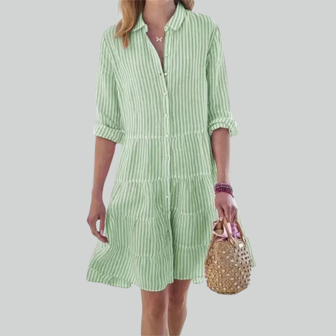 Striped Women Print Long Sleeve Mini Dress, Commuter Lapel A-Line Shirt Dress