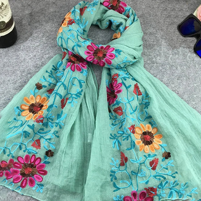 Light Flowy Women Scarf - Embroidered Floral, Cotton