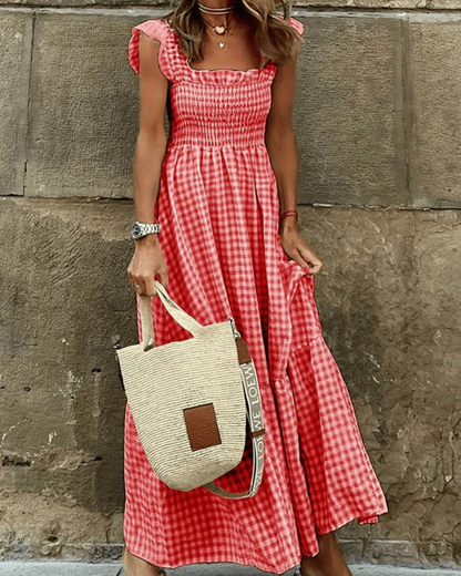 Maxi Summer Dress for Women with Elastic Top and Retro Caroma Pattern, Breathable Cotton, Perfect for Beach and City Outings-2