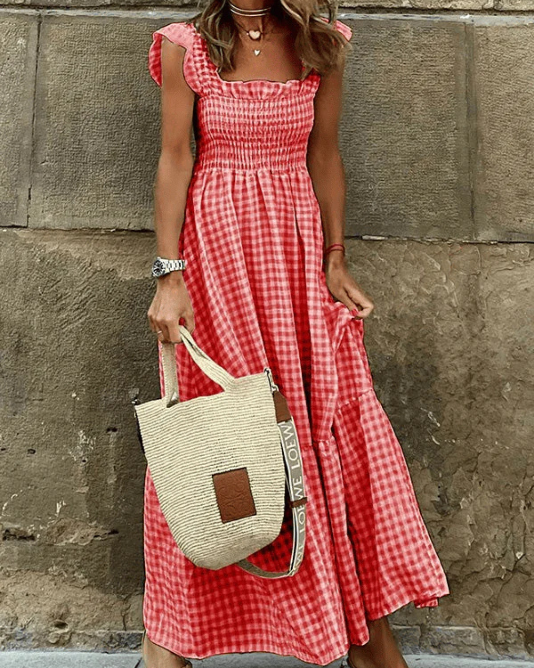 Variant image for Maxi Summer Dress for Women with Elastic Top and Retro Caroma Pattern, Breathable Cotton, Perfect for Beach and City Outings-7
