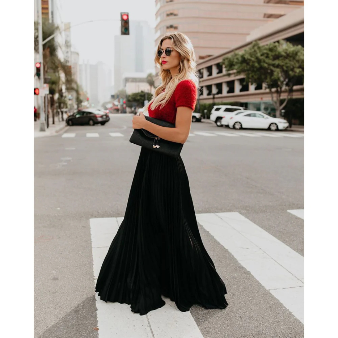 Elegant Pleated Long Skirt for Women, Full-Length Black Maxi Skirt with Elastic Waistband, Versatile and Comfortable-4