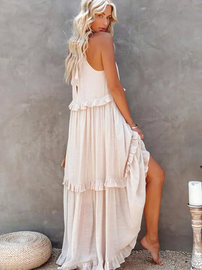 Elegant Halter Ruffle Floral Maxi Dress for Women, Lightweight Bohemian Long Dress, Flowing Fit-3