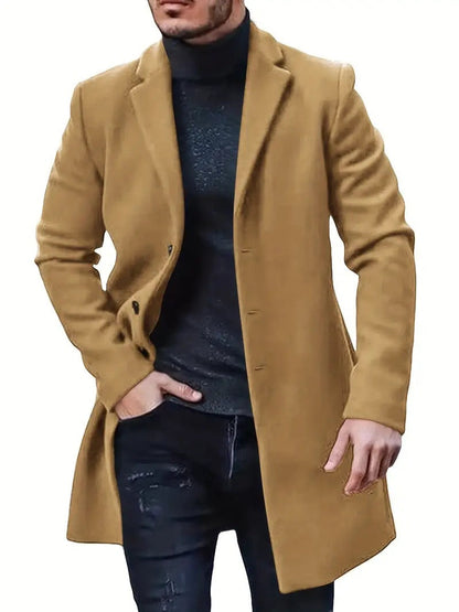 Refined Warm Men's Tweed Coat - Medium-Length Polyester