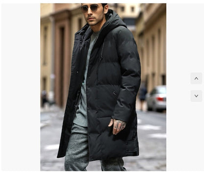 Men's Warm Long Puffer Coat - Hooded Quilted Cotton, Urban