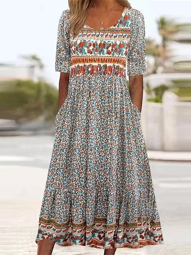 A-line, ethnic-print, polyester, for casual summer outings – Light women's maxi dress