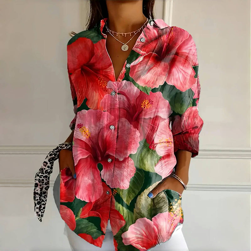 Vintage Floral Print Womens Blouse with Long Sleeves and Lace Collar for Spring and Autumn-2