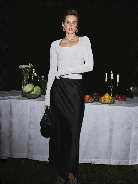 Elegant Black Maxi Skirt with Side Slit, Comfortable Long Skirt for Women, Versatile Design for Casual and Formal Wear-1