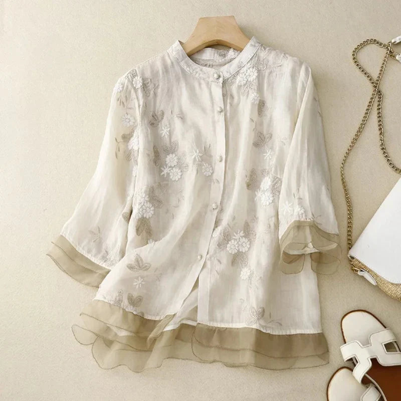 Variant image for Elegant Women's Top with Embroidery, Breathable Cotton Blend Blouse in Various Colors and Sizes-9