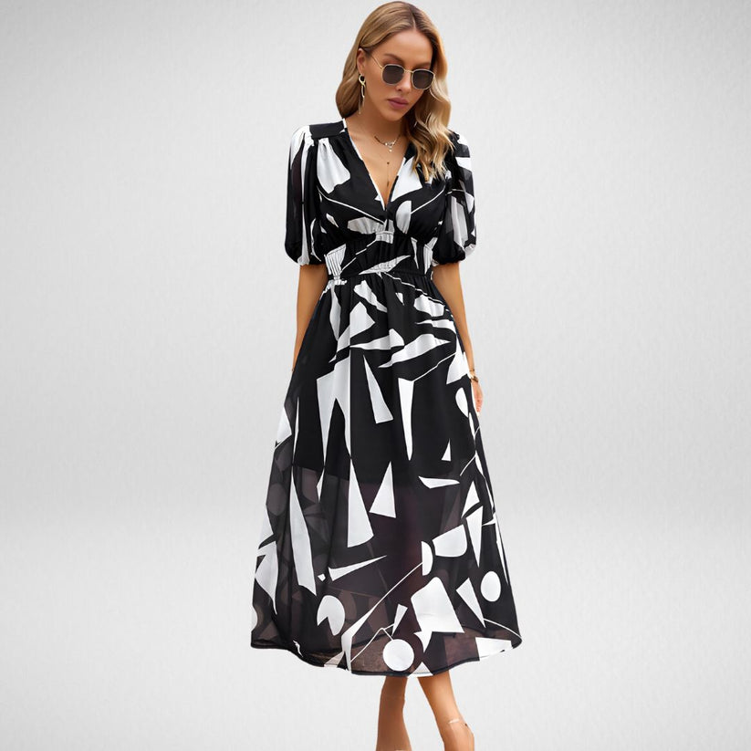Elegant Printed Midi Dress with Three-Quarter Sleeves for Women - Versatile Midi Dress for Any Occasion-2