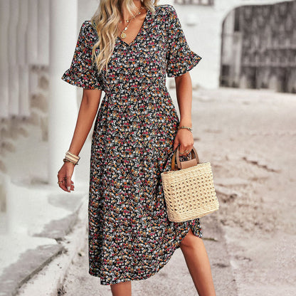 Variant image for Elegant Floral Print Midi Dress - Versatile Summer Wedding Guest Dress for Work and Social Occasions-5