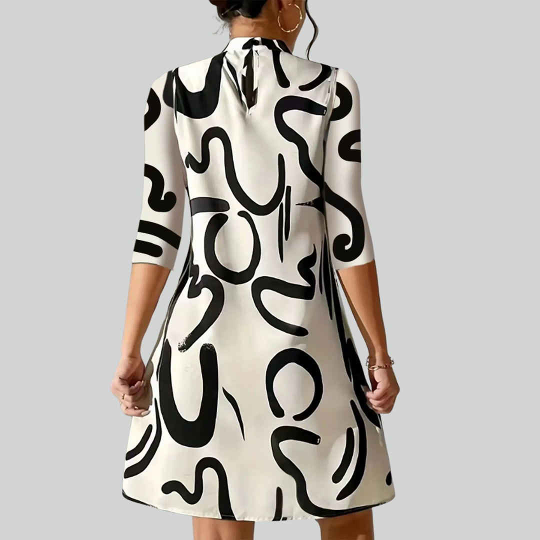 Long Fashion Sleeve Print Mini Dress for Women Autumn Casual Office Wear Robe Femme