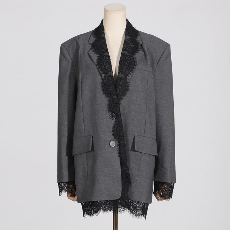 women's Structured blazer - lace-panel design, long-sleeve, polyester, for office-ready workwear