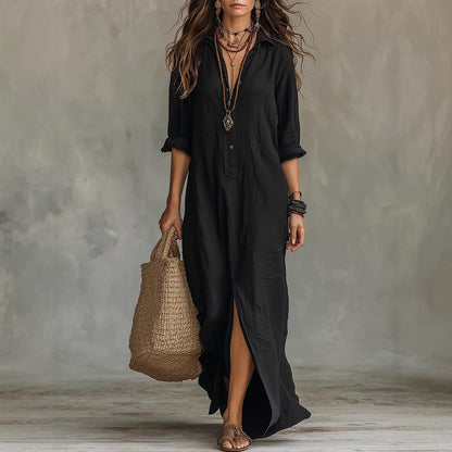 Plush women's flowy maxi dress - long-sleeve lapel-collar, solid, beach vacation