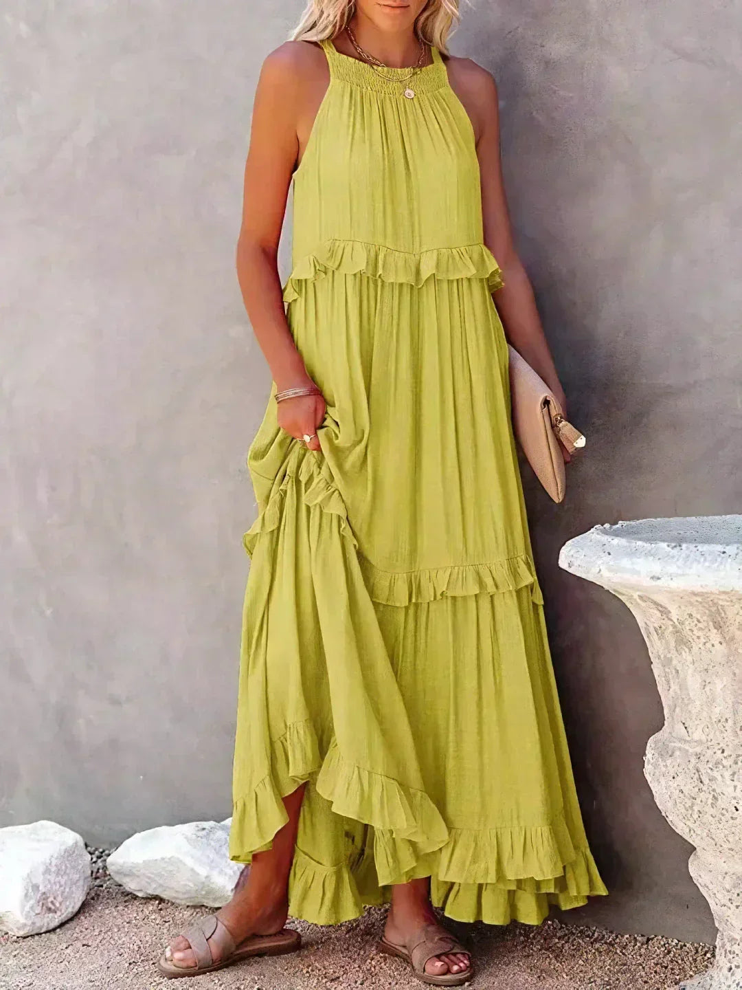 Variant image for Elegant Halter Ruffle Floral Maxi Dress for Women, Lightweight Bohemian Long Dress, Flowing Fit-17