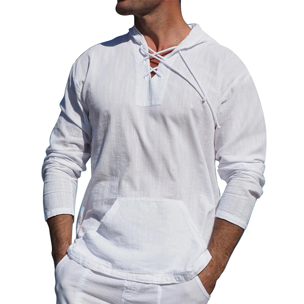 Light Casual Mens Pullover - Laceup V Neck, Linen
