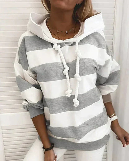 Plush Women’s Hooded Pullover - Striped Relaxed Cotton, Casual