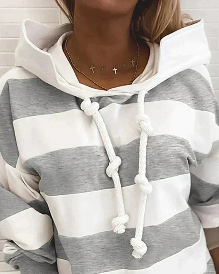 Plush Women’s Hooded Pullover - Striped Relaxed Cotton, Casual