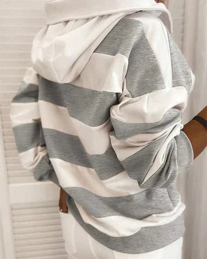 Plush Women’s Hooded Pullover - Striped Relaxed Cotton, Casual
