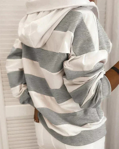Plush Women’s Hooded Pullover - Striped Relaxed Cotton, Casual