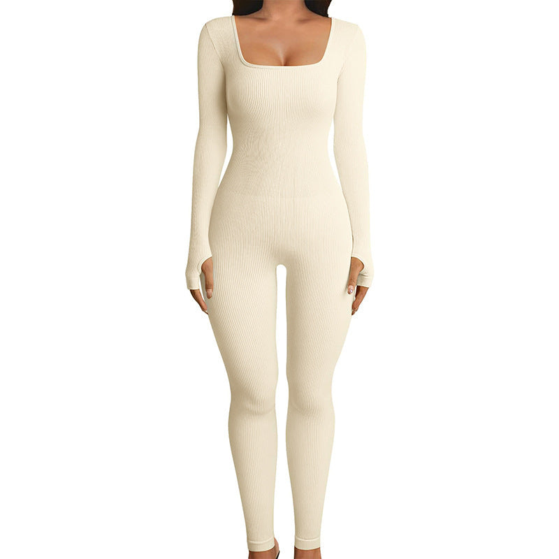 Long Sleeve Square Neck, Ribbed Nylon-Spandex, Seamless Yoga Athleisure – Stretchy Flattering Women’s Jumpsuit