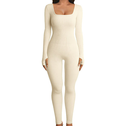 Long Sleeve Square Neck, Ribbed Nylon-Spandex, Seamless Yoga Athleisure – Stretchy Flattering Women’s Jumpsuit