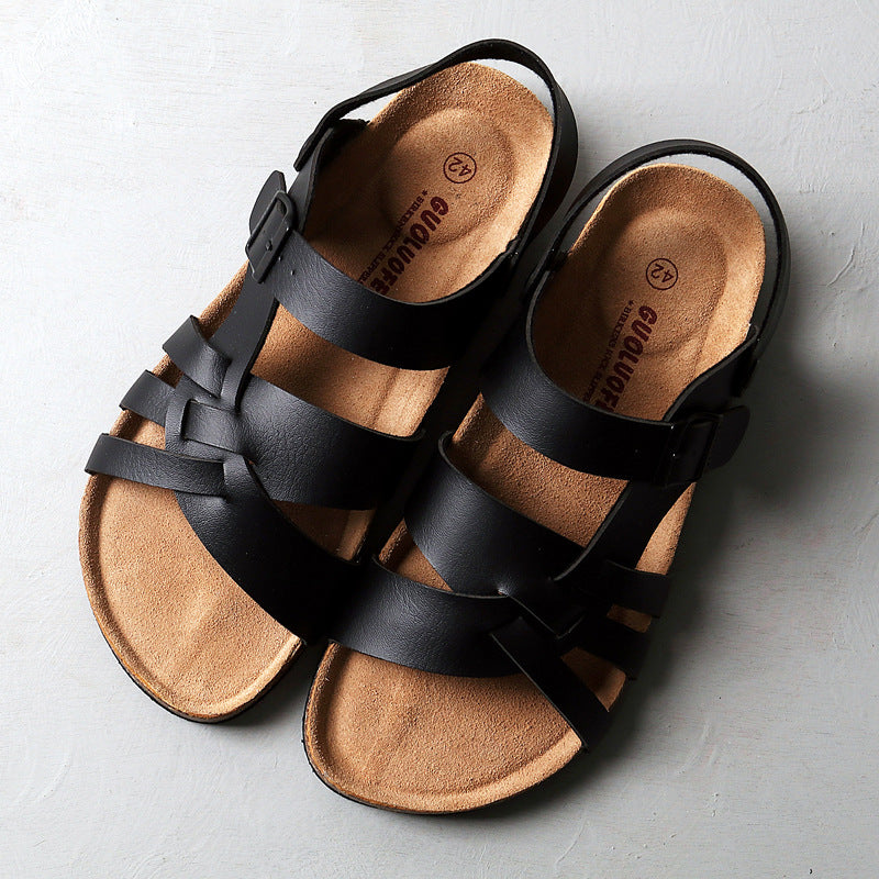 Light Men's Sandals - Hollow-Out Design, Cork Footbed, Casual Regular Wear