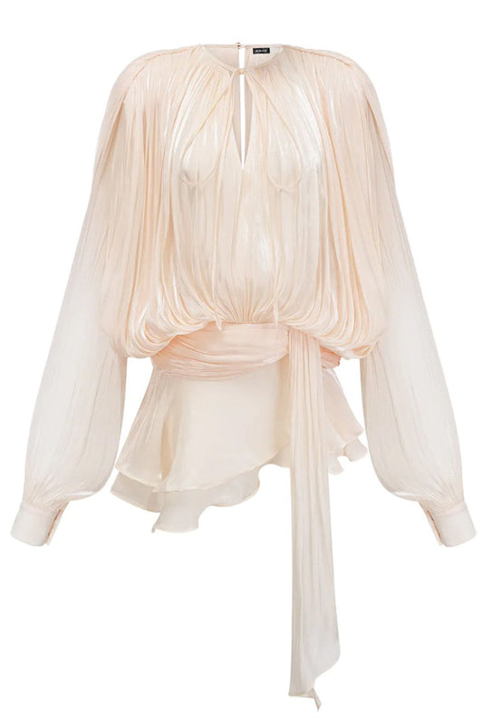 Women's Elegant Dress with Ruched Design, Lantern Sleeves, and High Waist for Summer Events