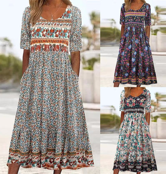 A-line, ethnic-print, polyester, for casual summer outings – Light women's maxi dress