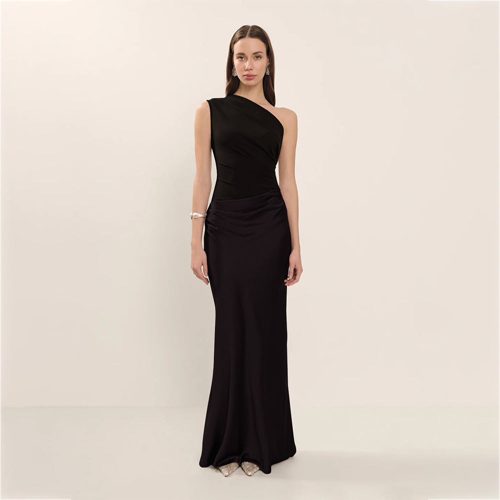 women's Fitted dress - asymmetric one-shoulder sheath, satin, for formal evening events and special occasions