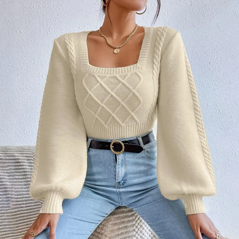 Plush Women's Square Collar Sweater - Cropped Knit Layering