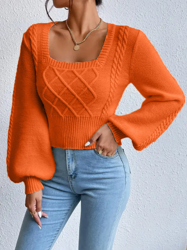 Plush Women's Square Collar Sweater - Cropped Knit Layering